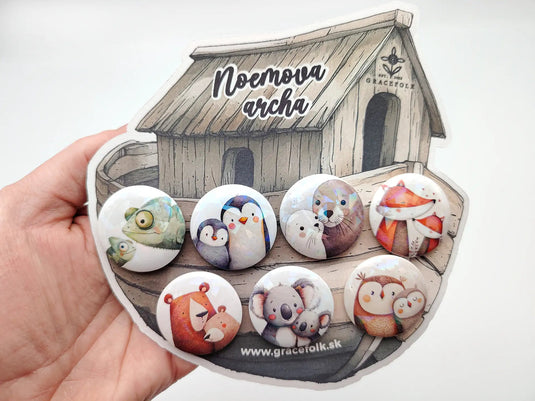 Detské odznaky Noemova archa – sada 7 odznakov so zvieratkami z farmy alebo zo zoo (32 mm) - Gracefolk