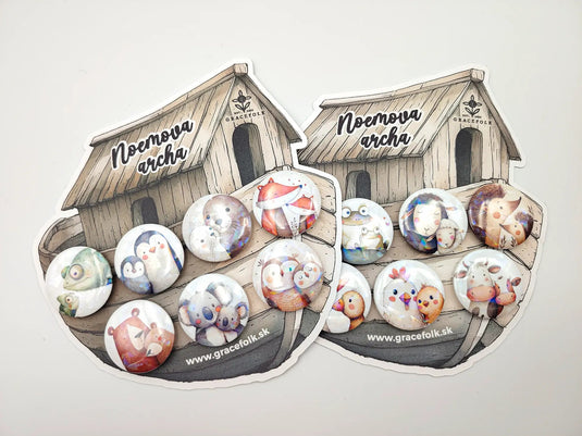 Detské odznaky Noemova archa – sada 7 odznakov so zvieratkami z farmy alebo zo zoo (32 mm) - Gracefolk