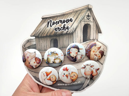 Detské odznaky Noemova archa – sada 7 odznakov so zvieratkami z farmy alebo zo zoo (32 mm) - Gracefolk