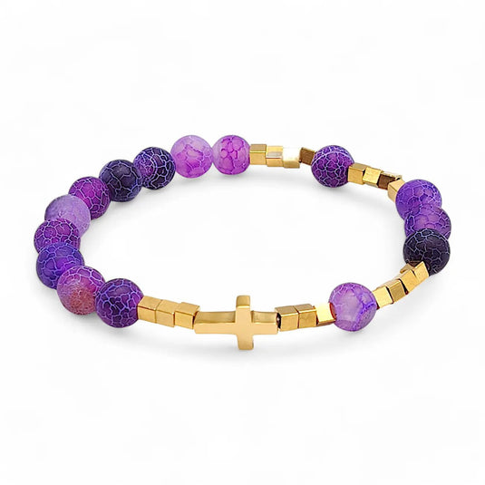 Fialový ružencový náramok s ľadovým achátom a nerezovým krížikom - Gracefolk