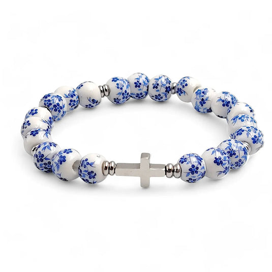 Náramok s modrými kvietkami a nerezovým krížikom - Gracefolk