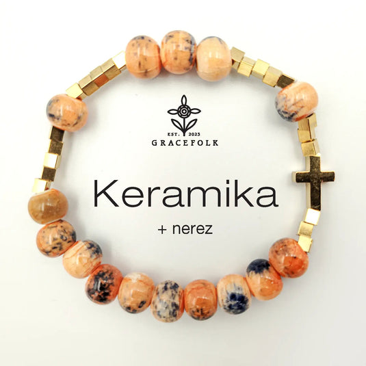 Náramok z oranžovej keramiky s nerezovým krížikom - Gracefolk