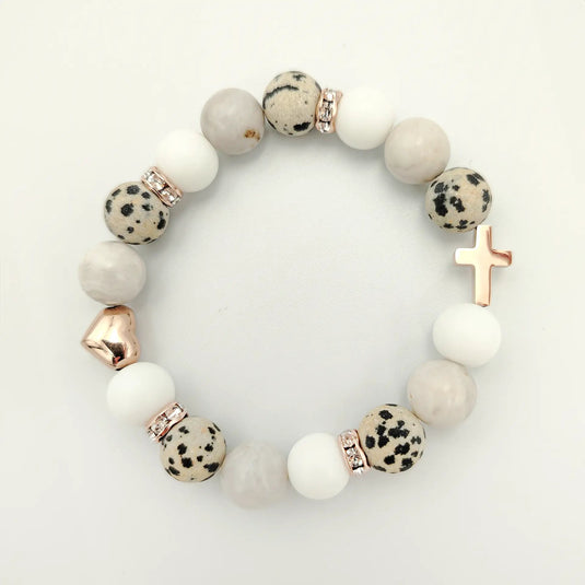 Ružovobiely srdiečkový kresťanský náramok s dalmatínskym jaspisom - Gracefolk
